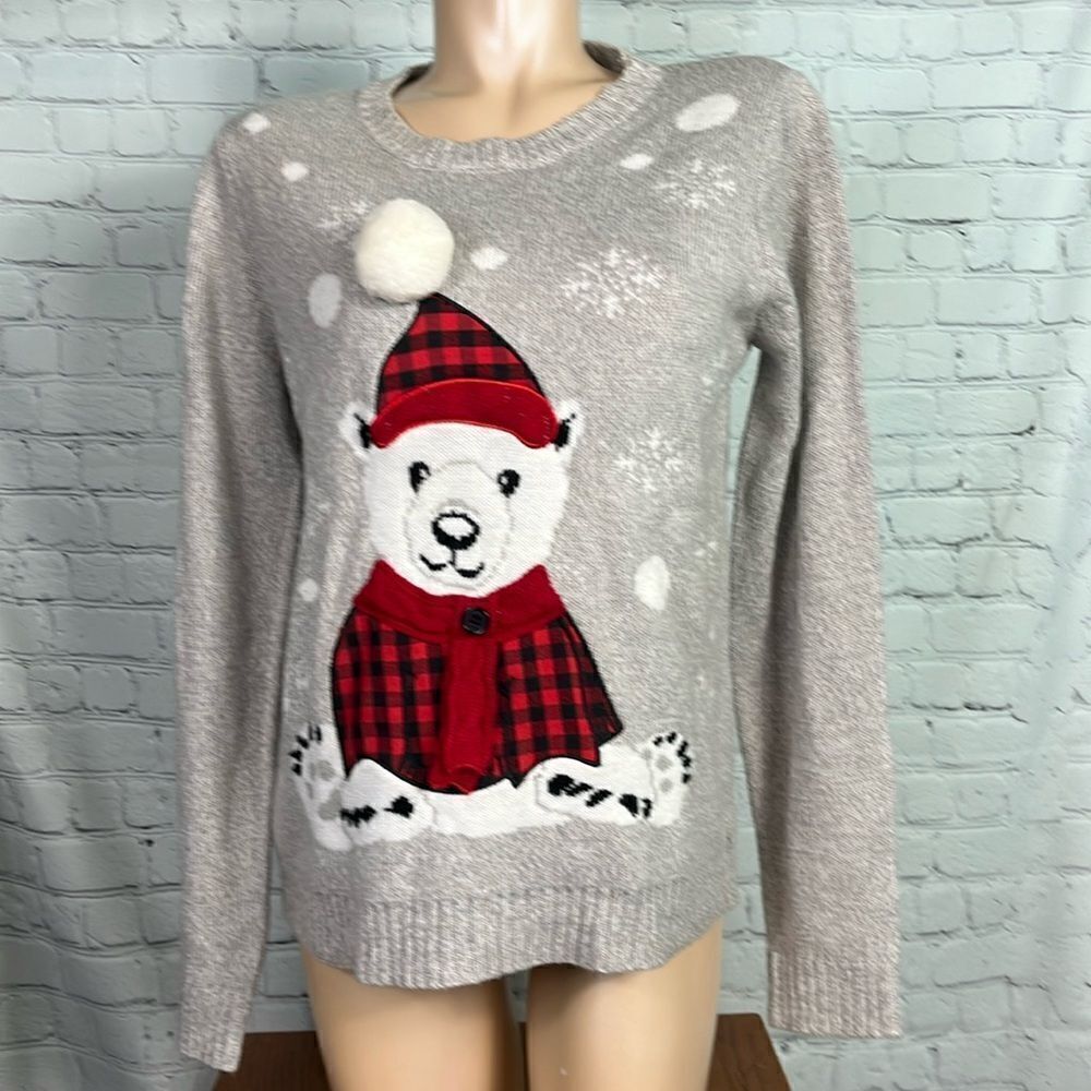Karen Scott Bear Applique Holiday Christmas Sweater buffalo check scarf large